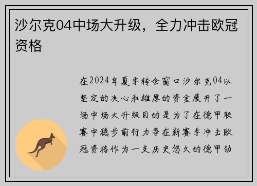 沙尔克04中场大升级，全力冲击欧冠资格